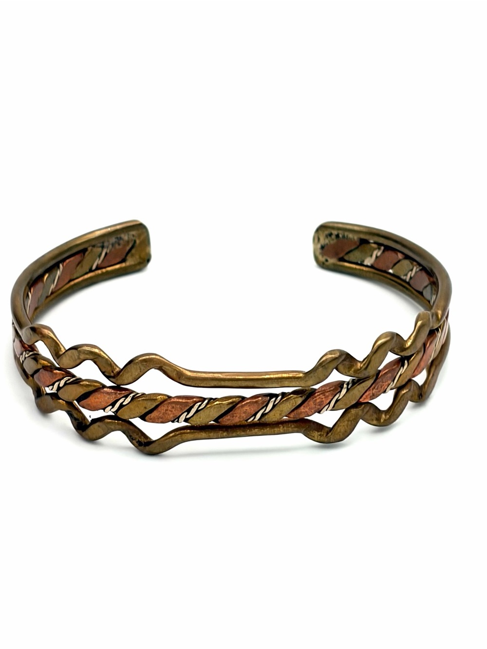 Braided Mixed Metal 1970s Cuff Bracelet - Copper and Bronze Two-Tone Twist